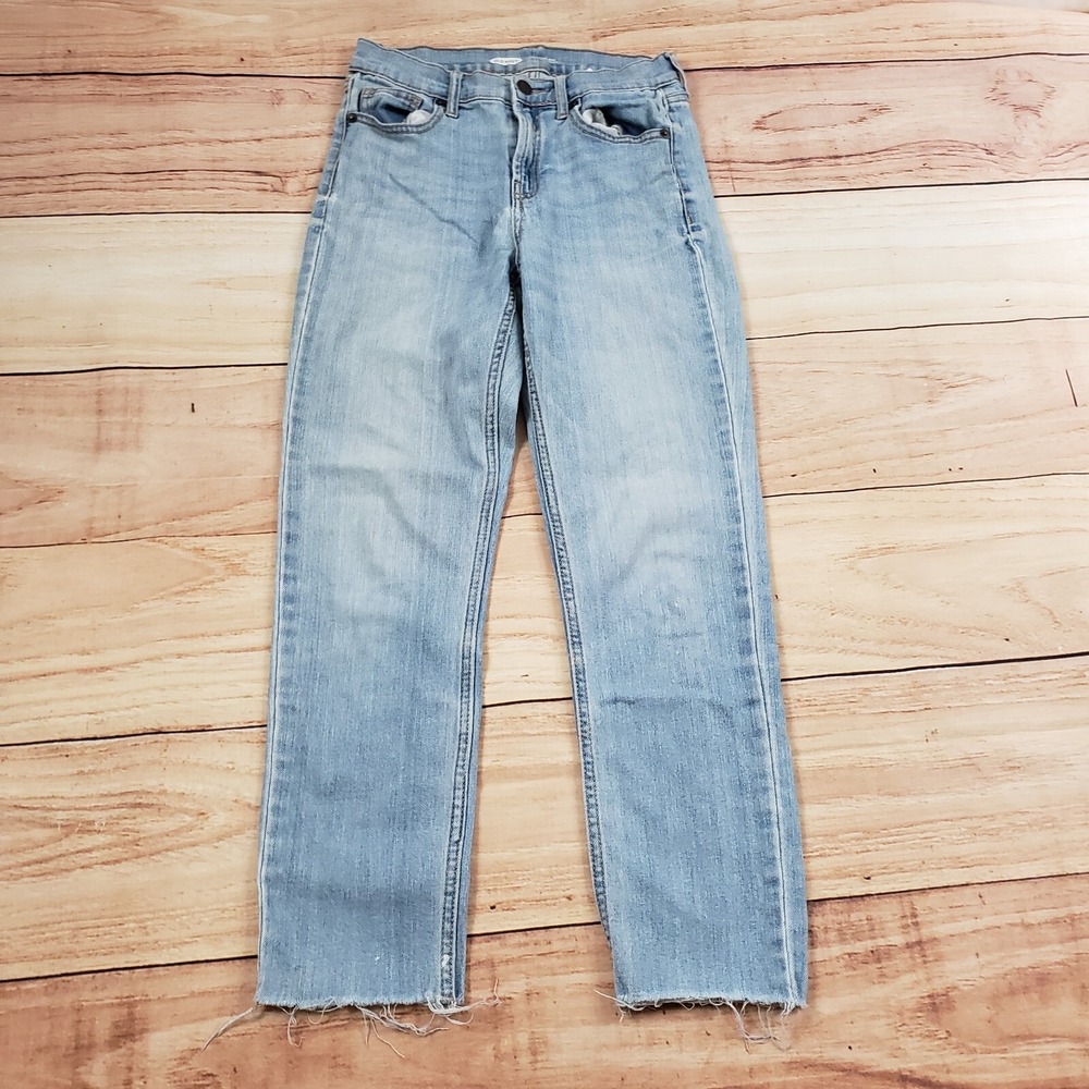 Old Navy Jeans Womens 2 Blue Straight Ankle High Rise Denim Distressed 24x25 *